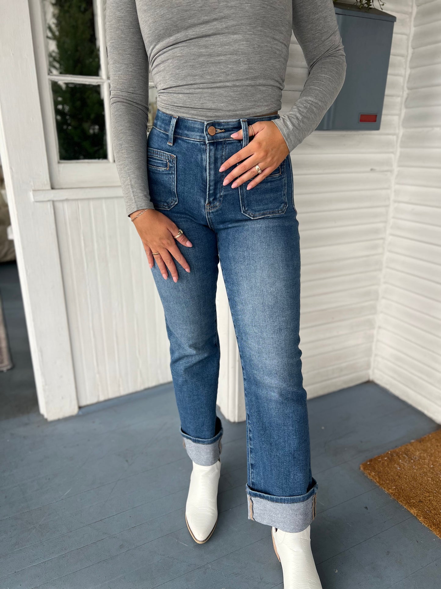 High Rise Cuffed Straight Leg