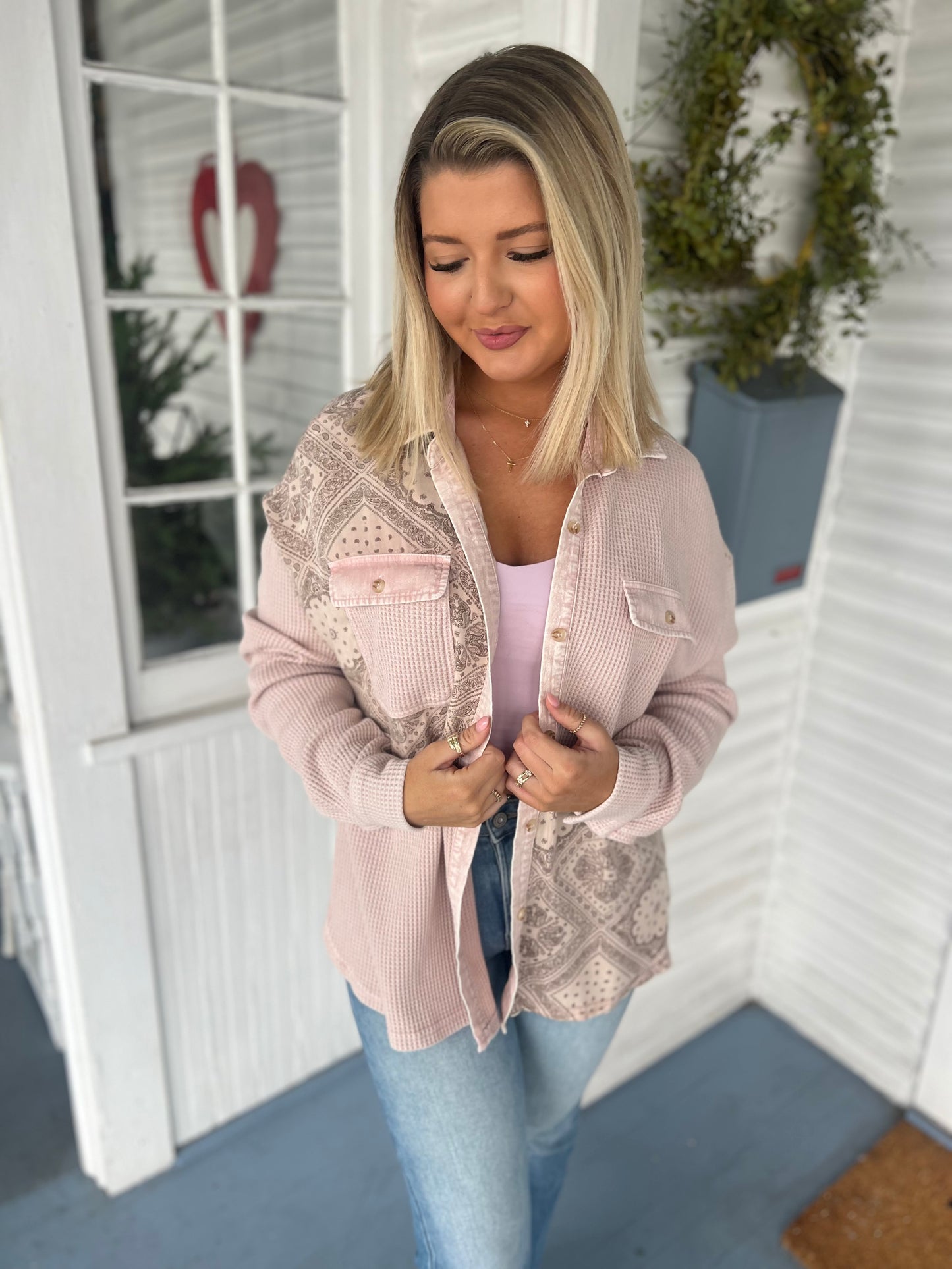 Bandana Waffle Mix LS Button Top