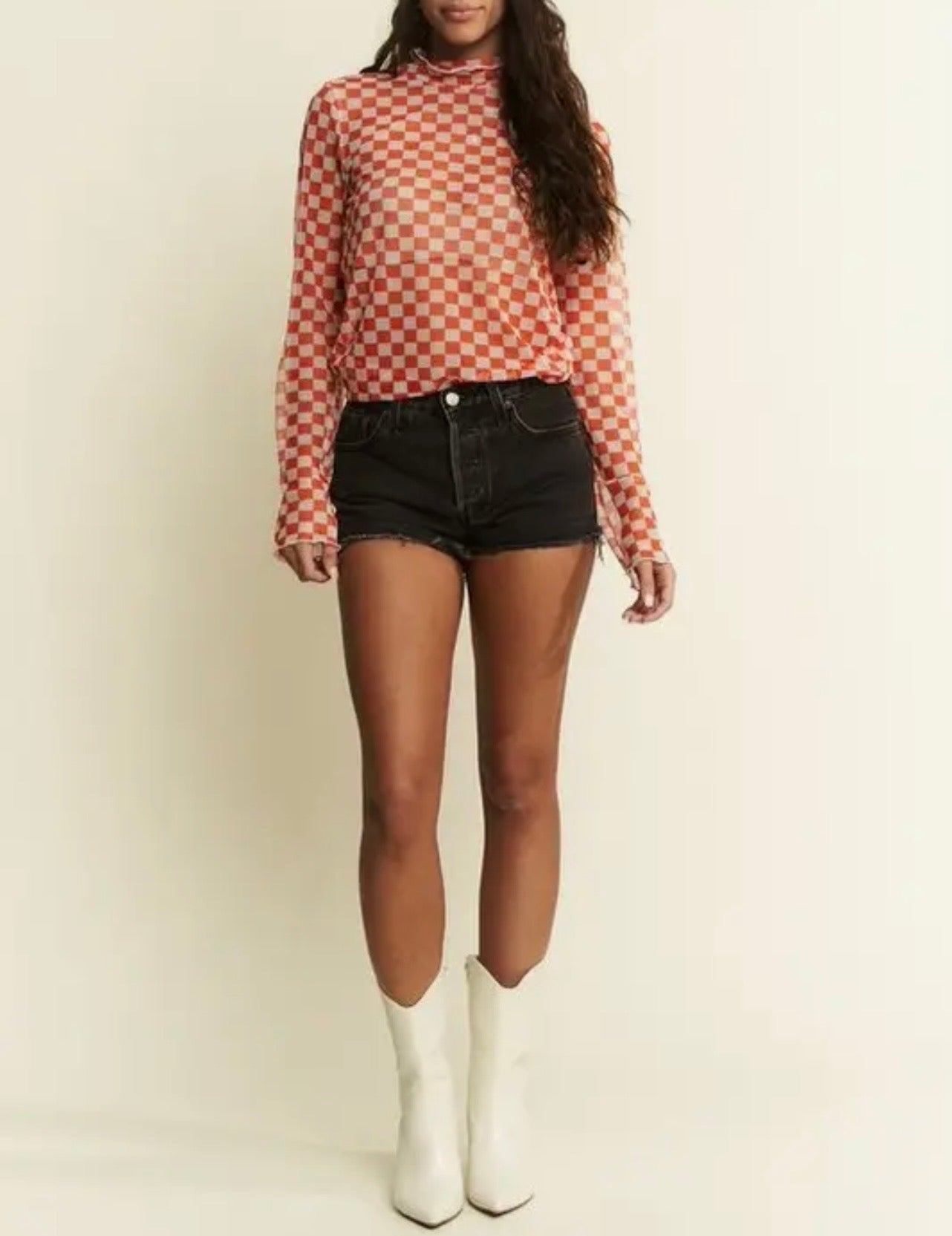 Checkerboard Mesh Mock Neck Top