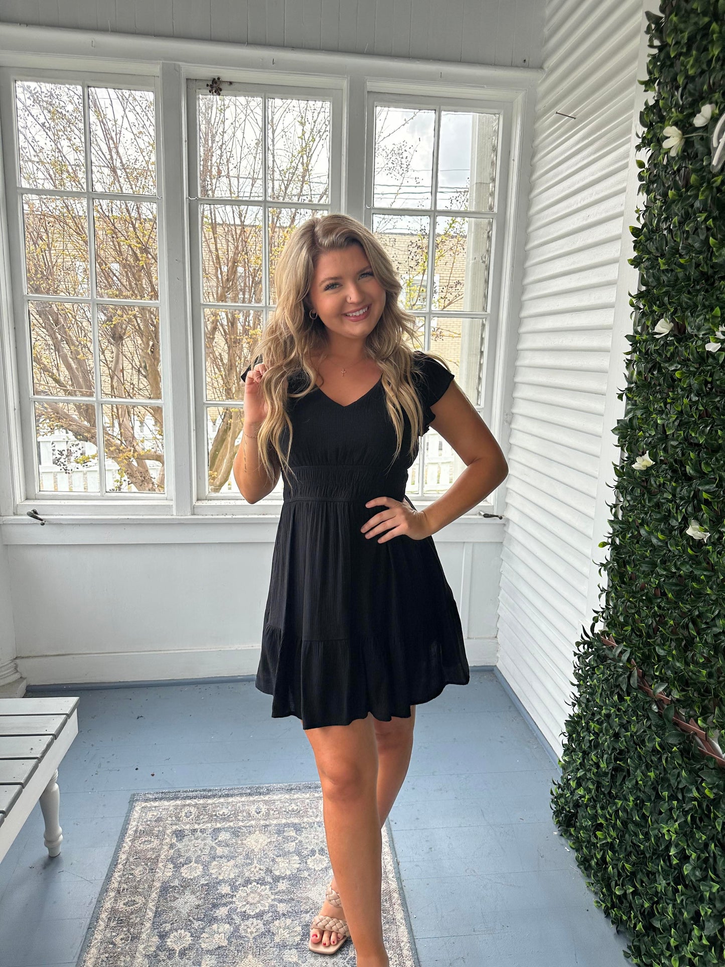 Black Gauze Flutter Sleeve Dress