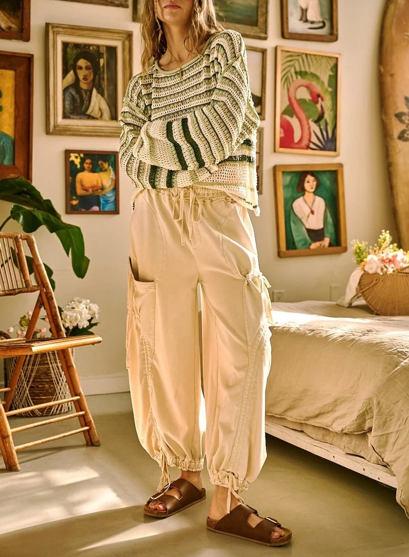 Striped Crochet Knit Boxy LS Sweater