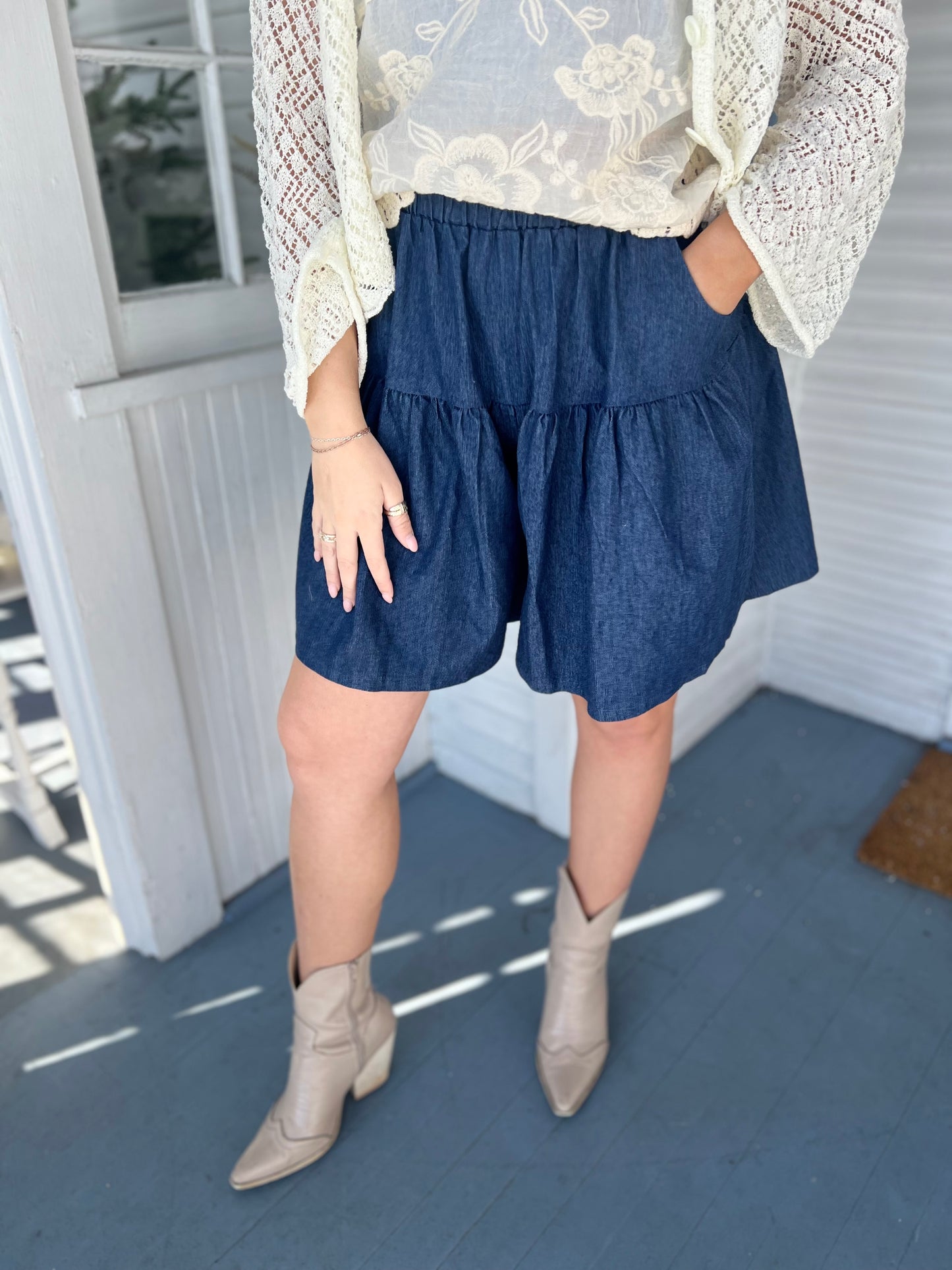 Elastic Waist Denim Shorts