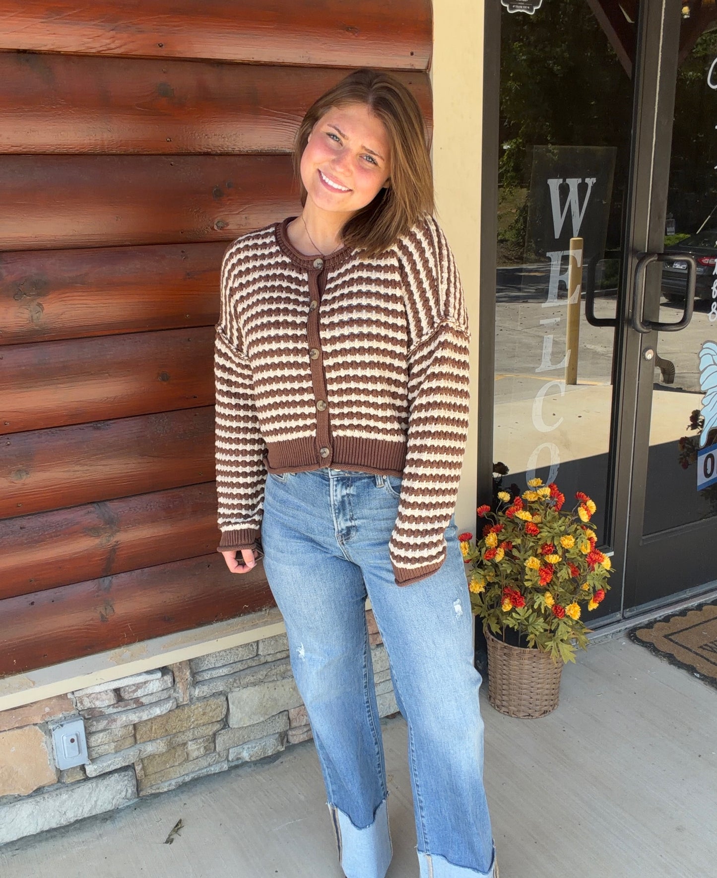 Textured Stripe Crochet Knit Button Down Cardigan