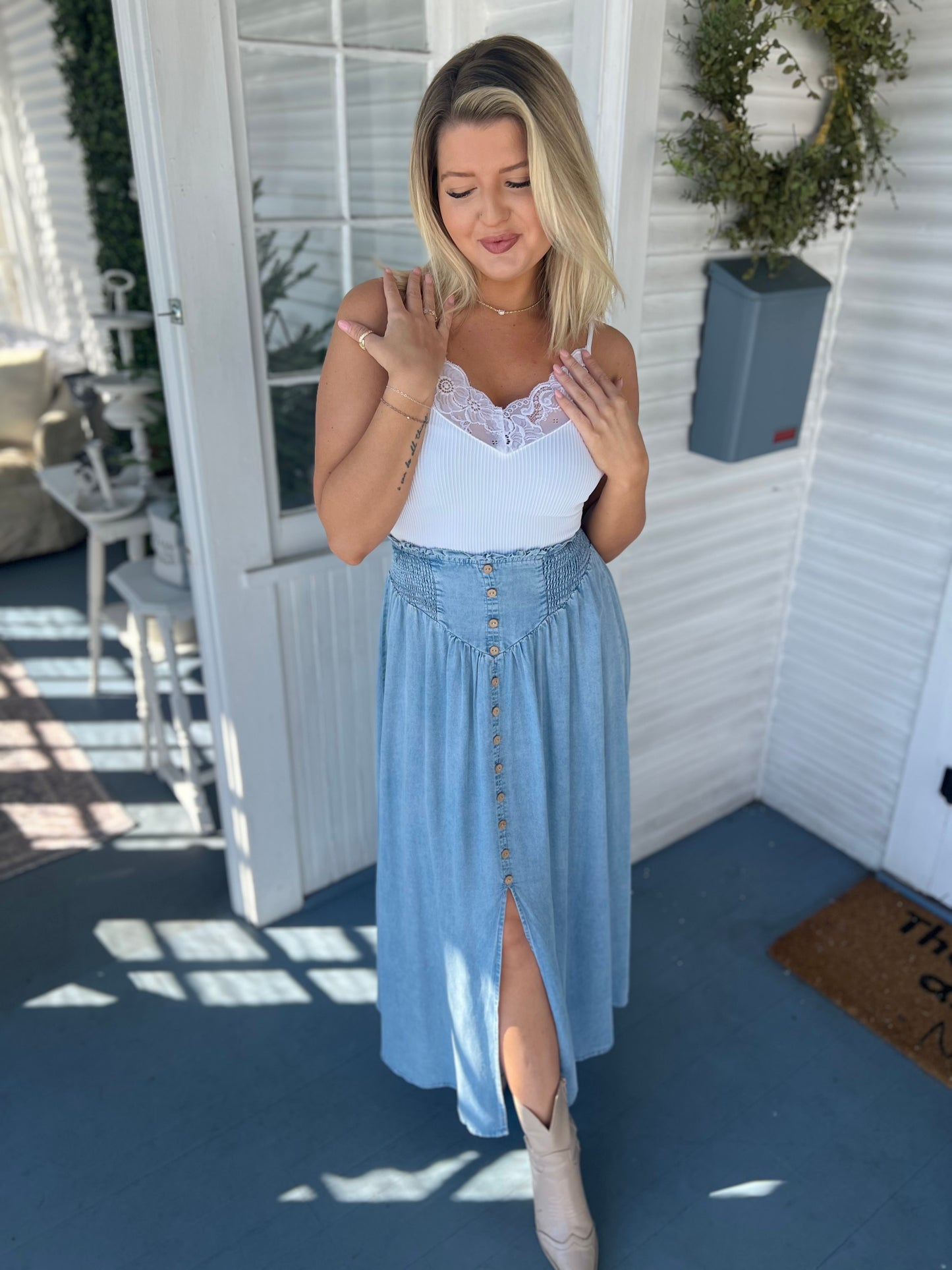 Denim Front Slit Maxi Skirt