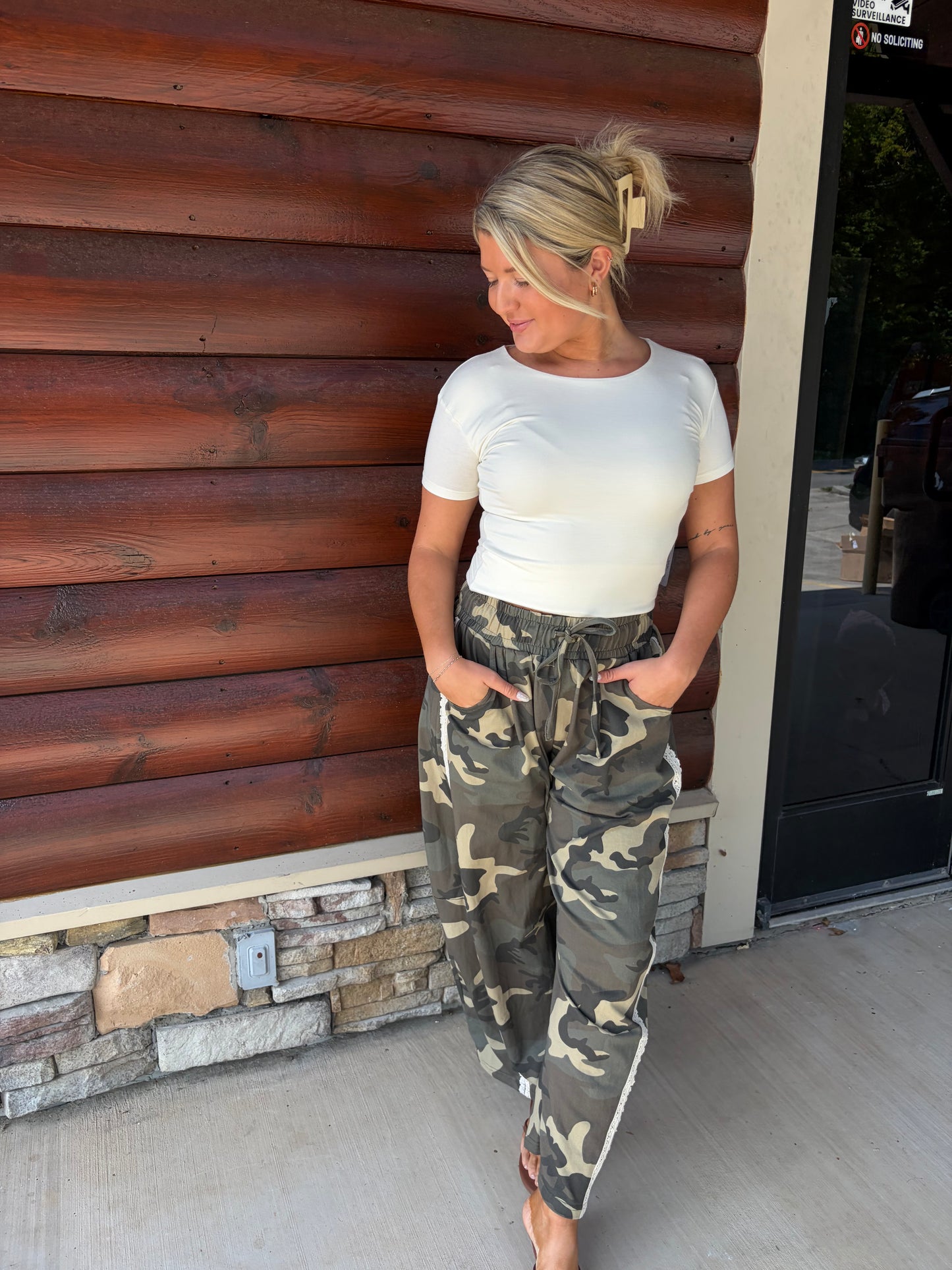 Camo Print Lace Trim Barrel Leg Pants