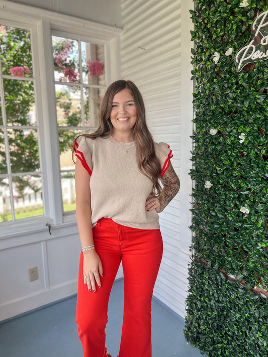 Red Trim SS Sweater