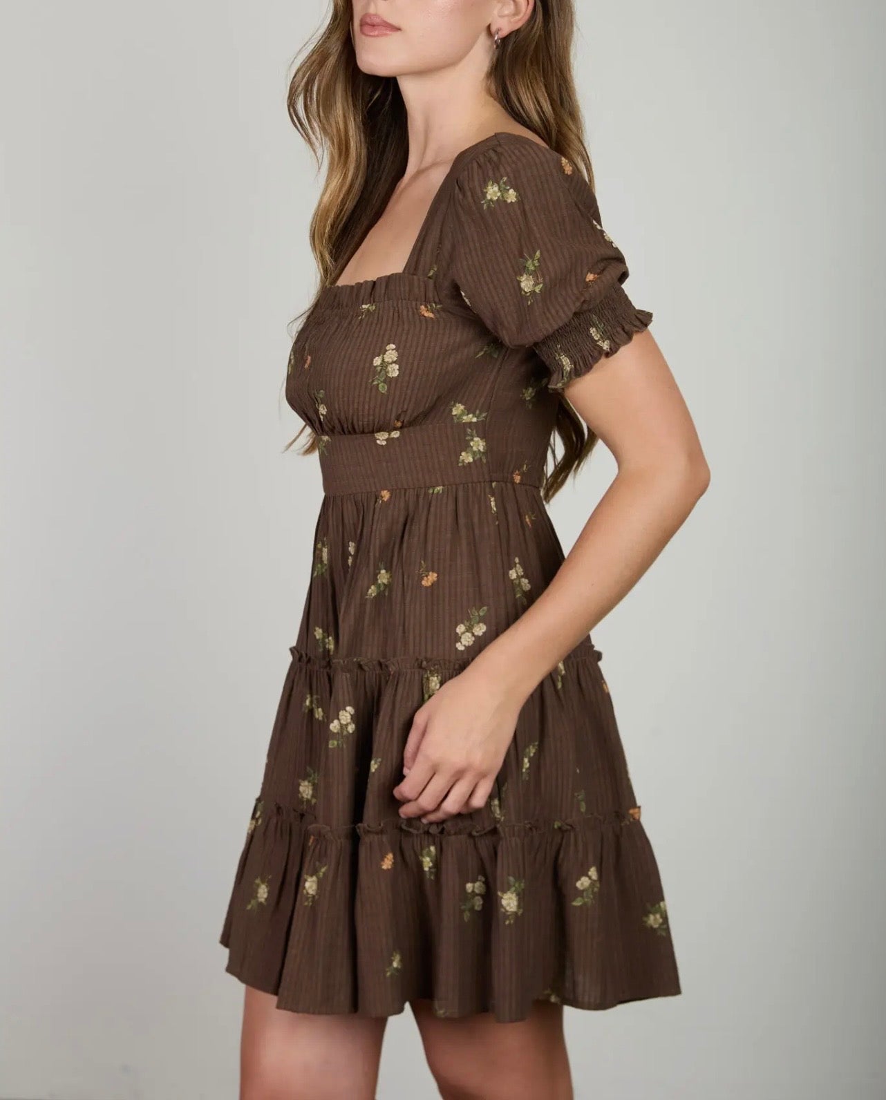 Brown Floral Tiered Mini Dress