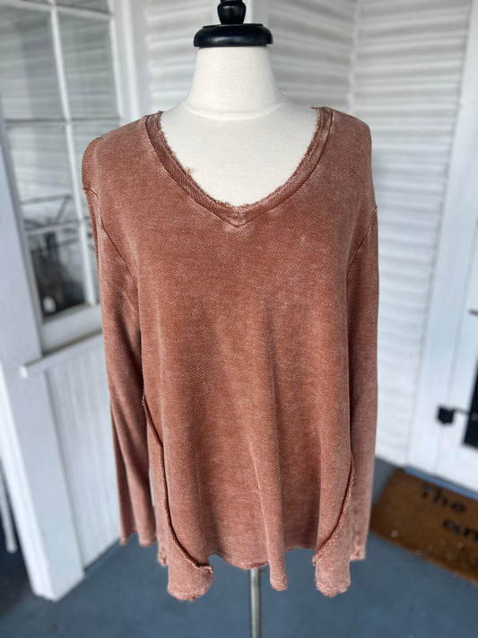 Mineral Washed Rust Vneck Top w/ Raw Hem Detail