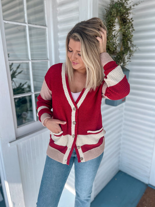 Raspberry Colorblock Button Cardigan