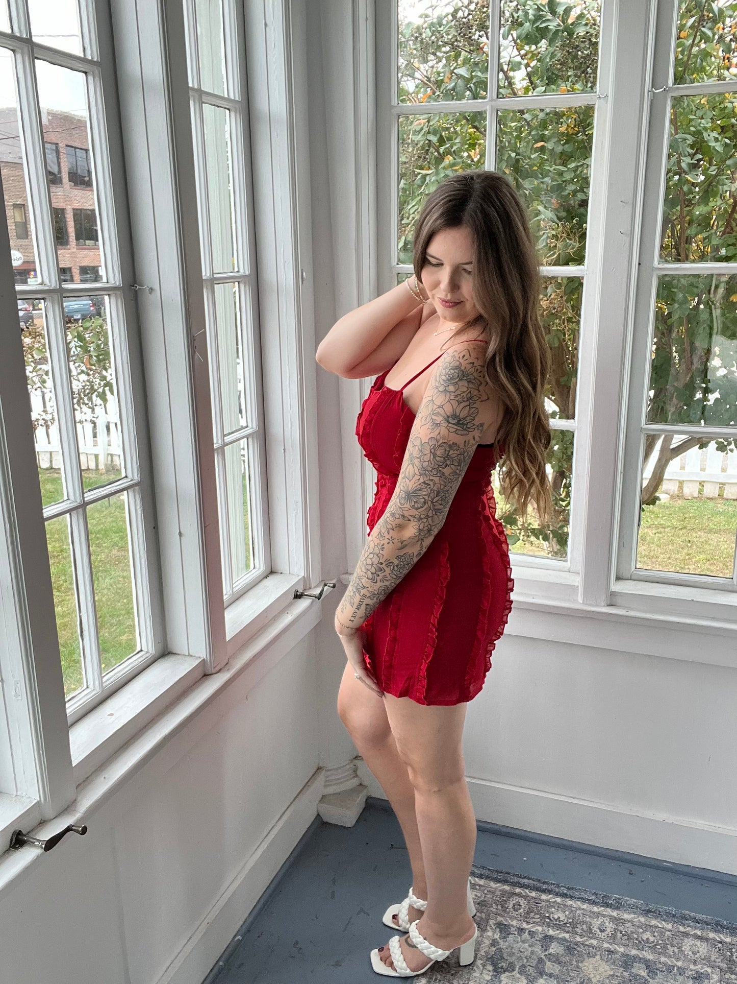Red Ruffle Detailed Mini Dress