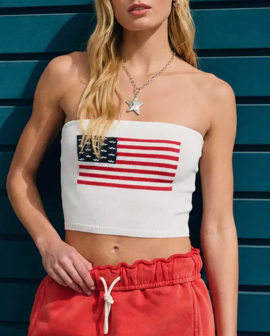 American Flag Strapless Sweater Crop Top