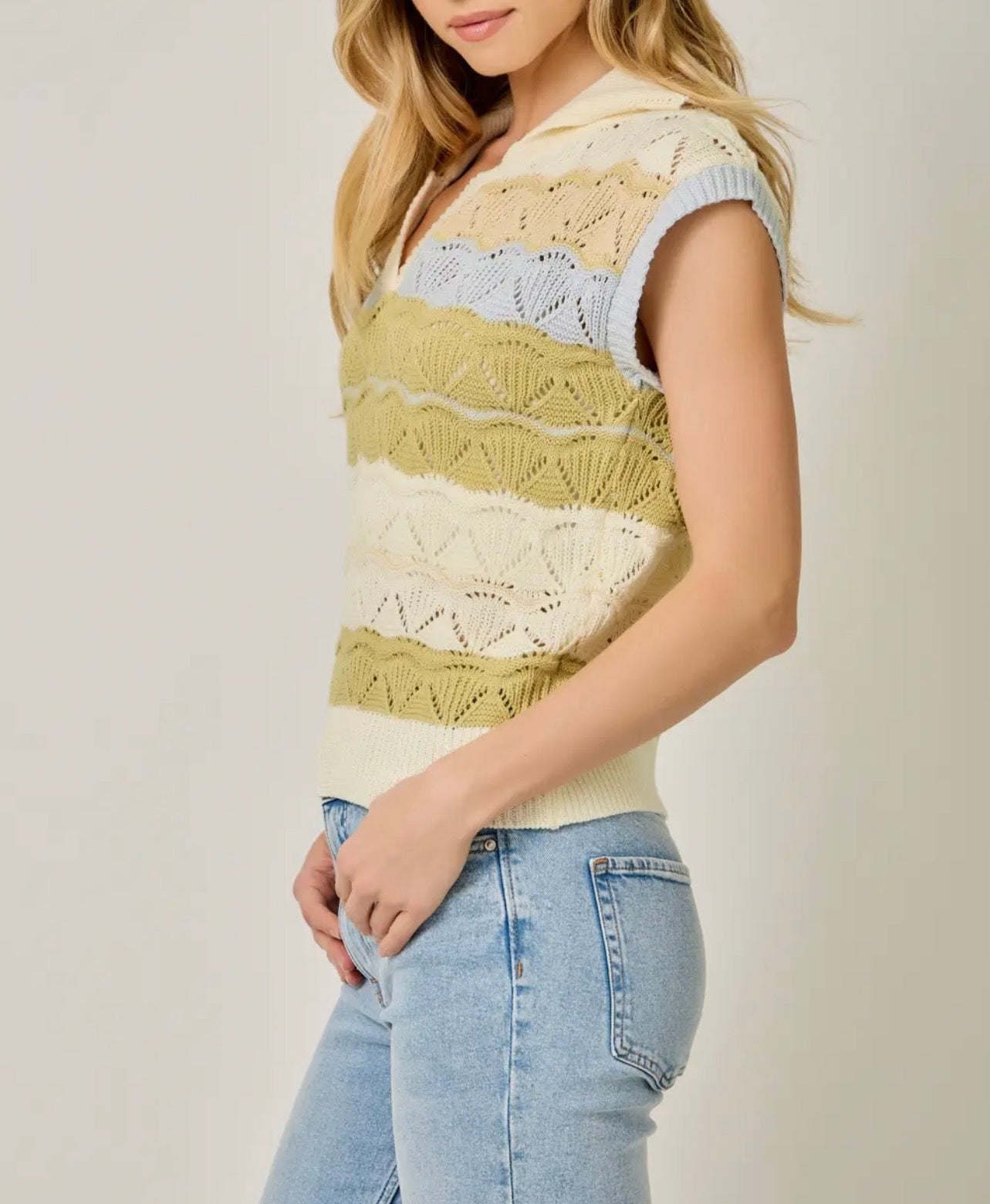 Color-Striped Ponte Polo SS Sweater