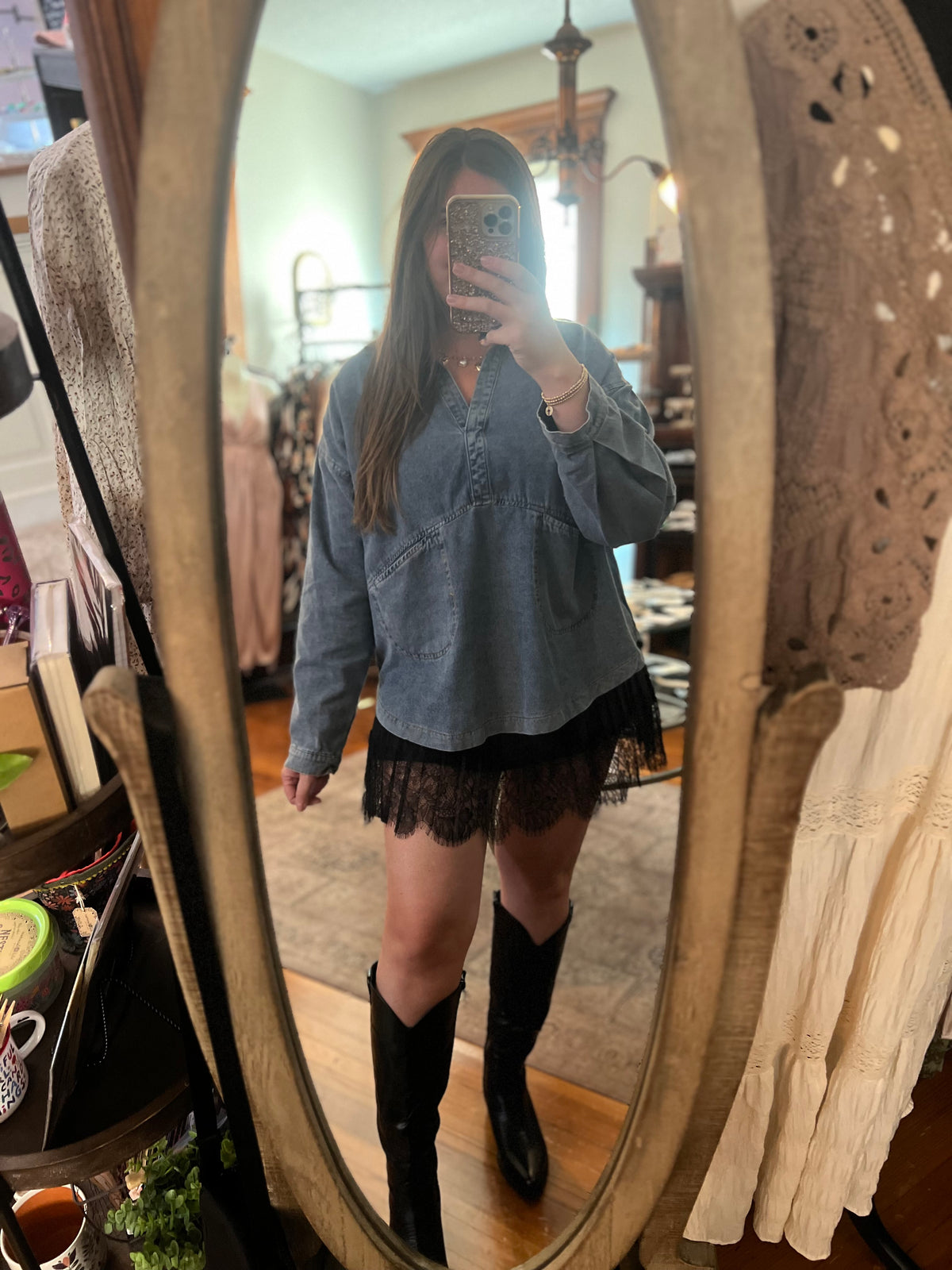 Mineral Washed Oversized Cotton Denim Pocket Top