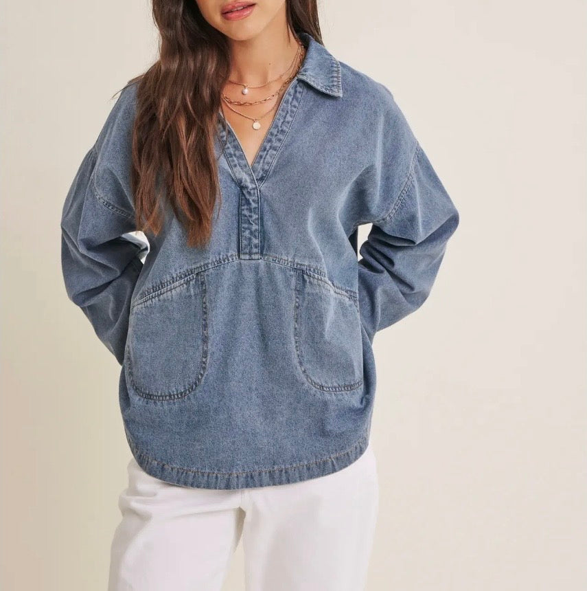 Mineral Washed Oversized Cotton Denim Pocket Top