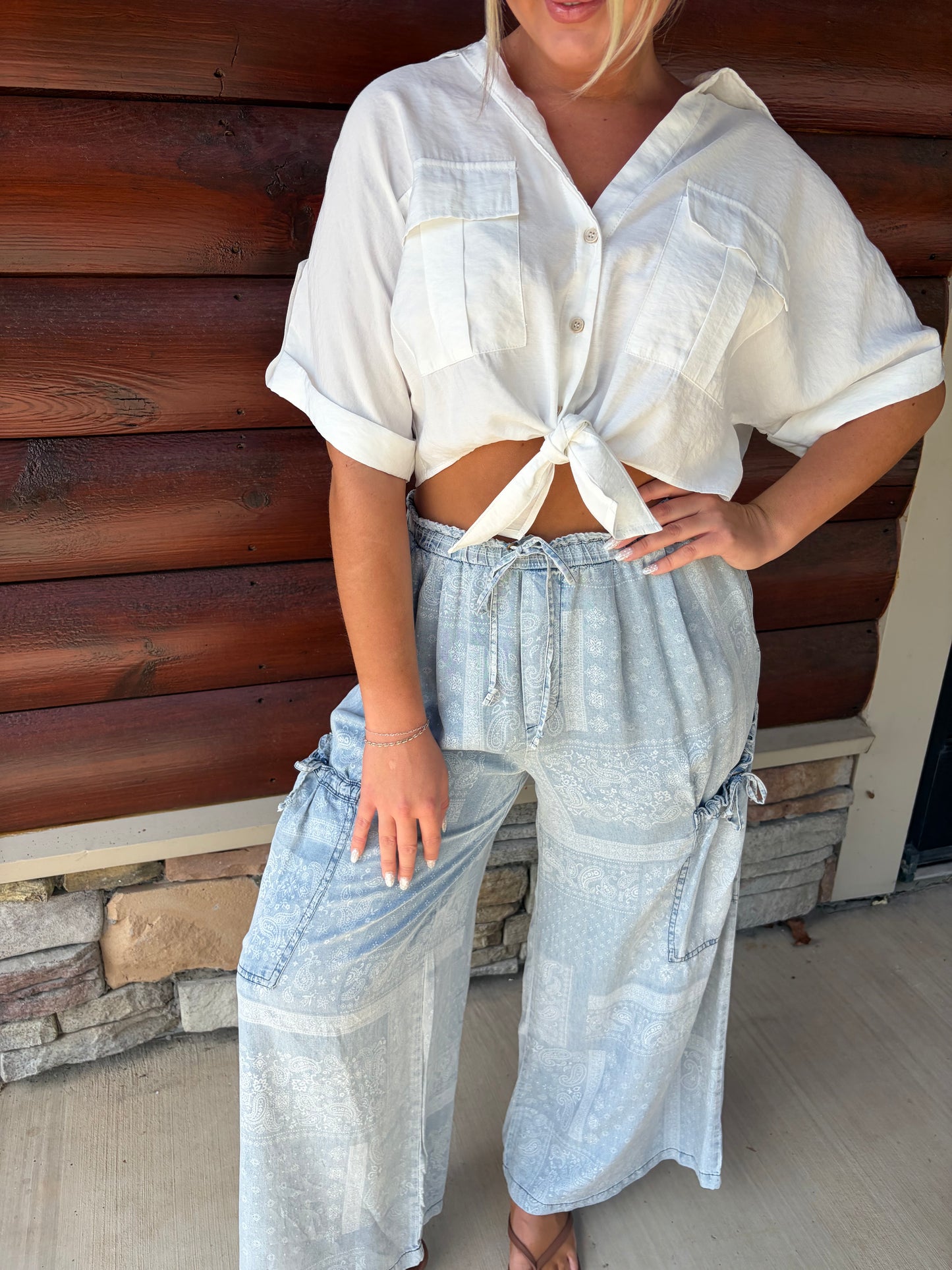 Paisley Chambray Drop Pocket Wide Leg Pant