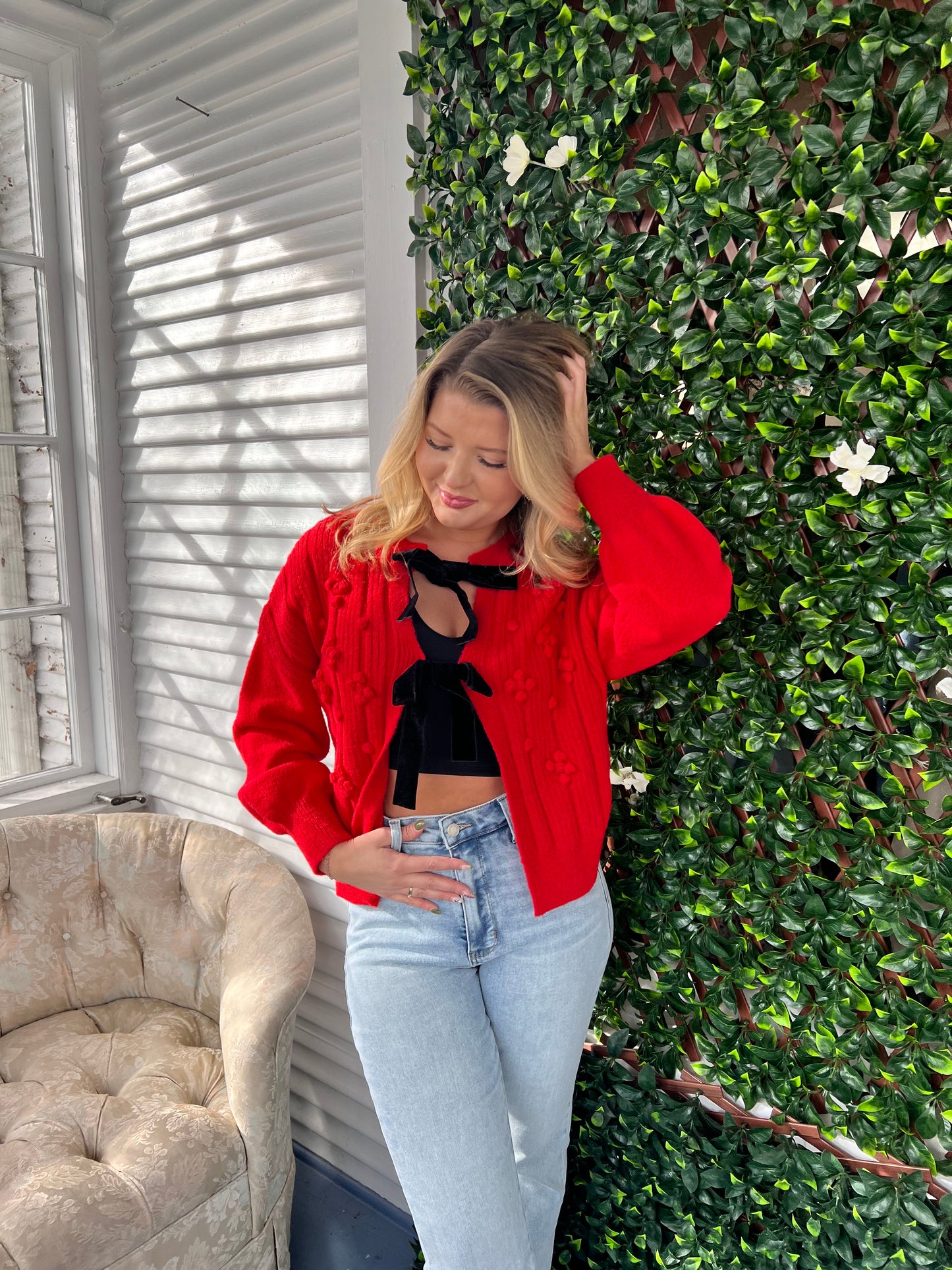 Velvet Bow Red Cardigan