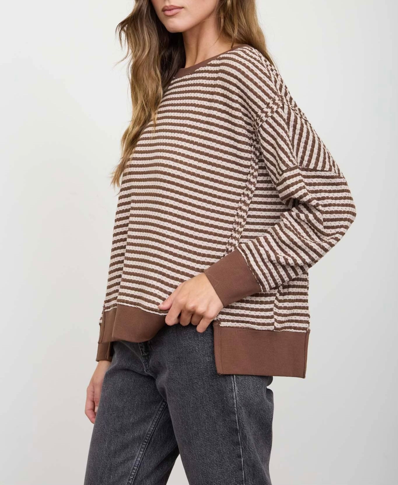 Stripe Exposed Seam Split Hem LS Knit Top