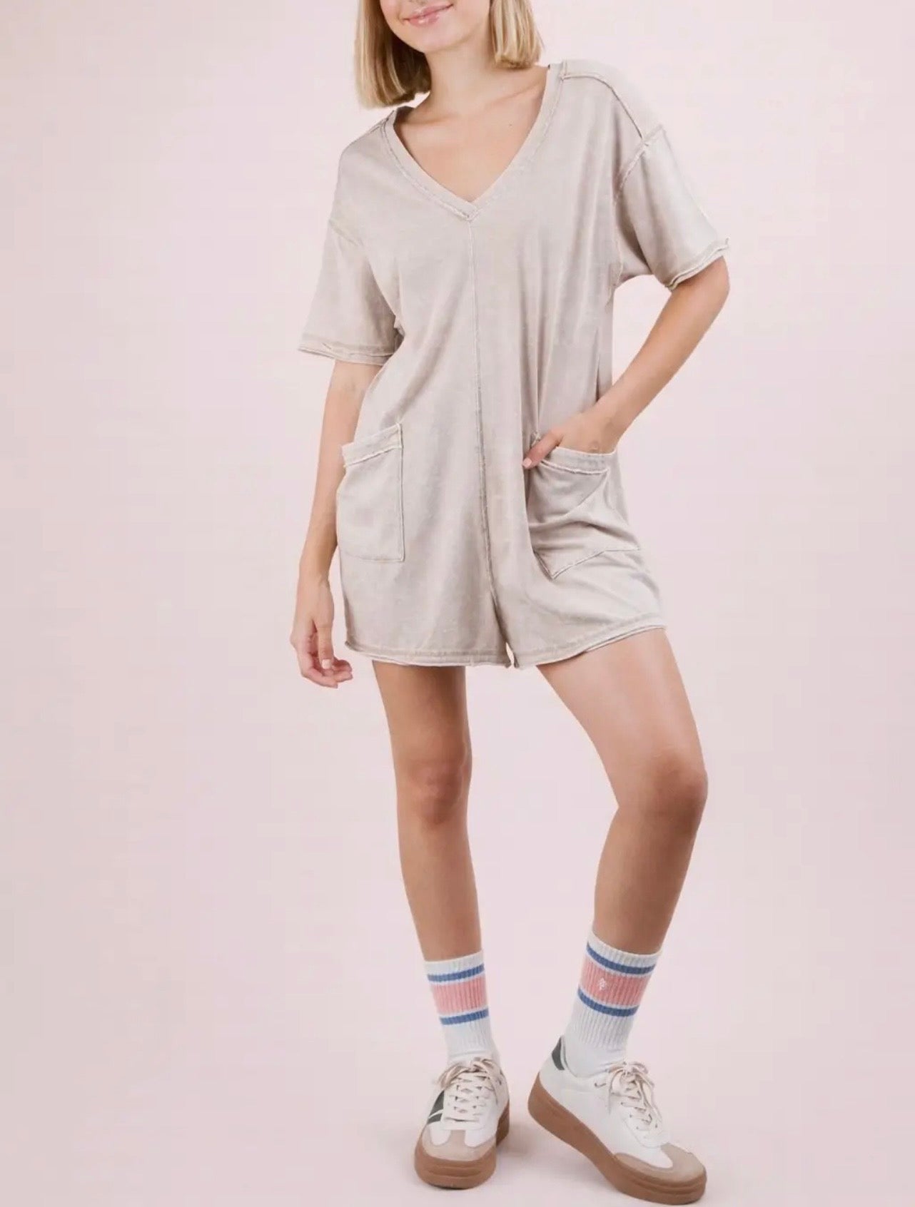 Mineral Washed Oversized Casual Knit Romper