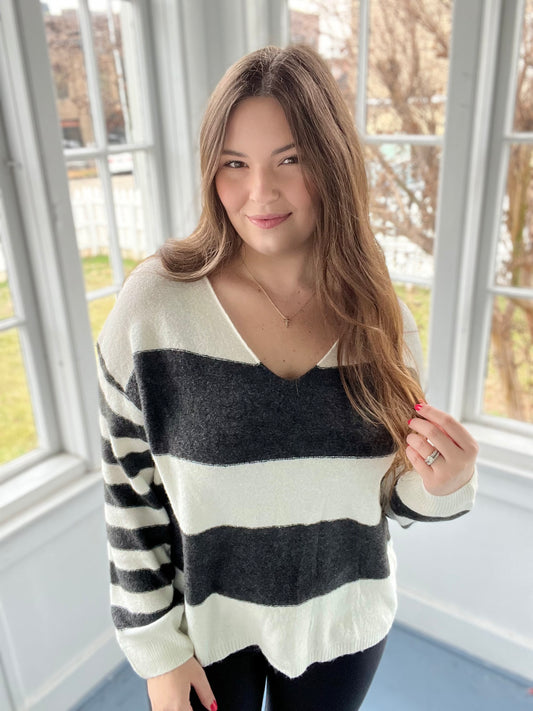 B&W Vneck Striped Sweater