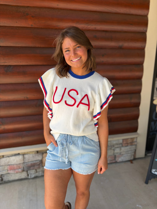 Ruffle Sleeve USA Sweater Top
