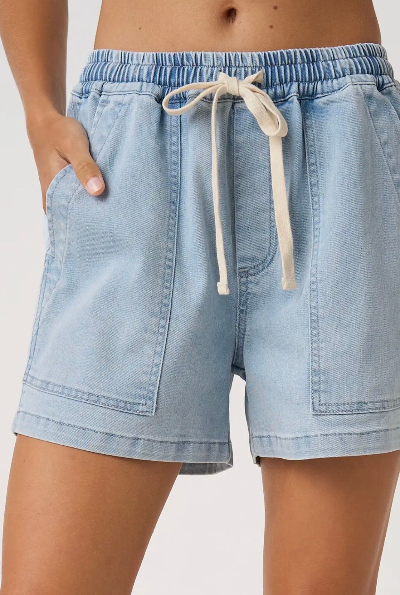 Elastic Waist Drawstring Denim Shorts