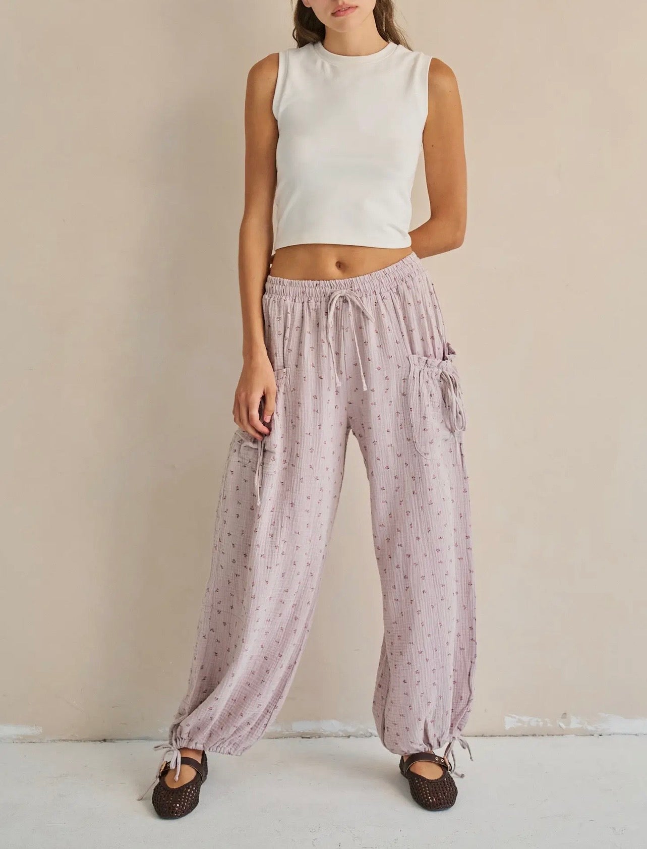 Floral Gauze Drawstring Pants