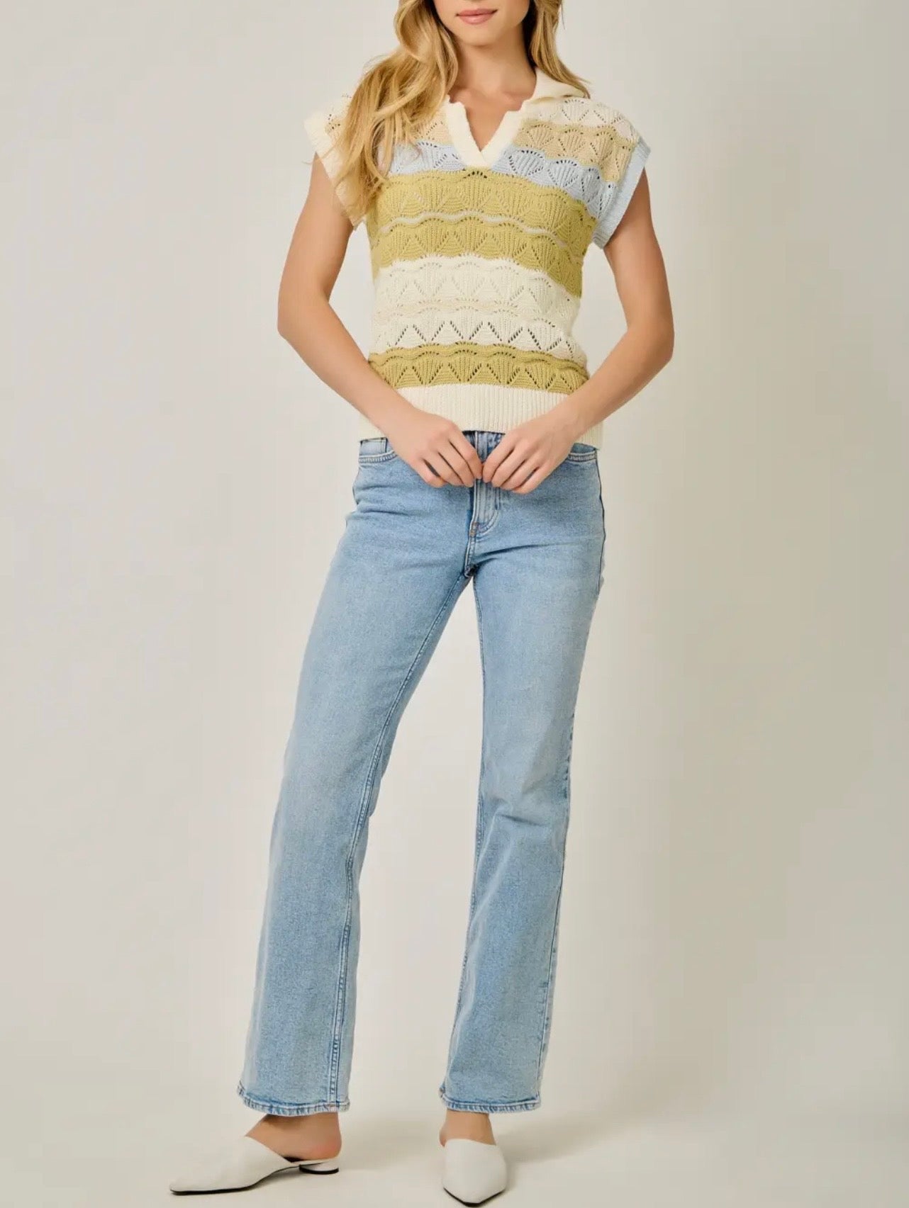 Color-Striped Ponte Polo SS Sweater