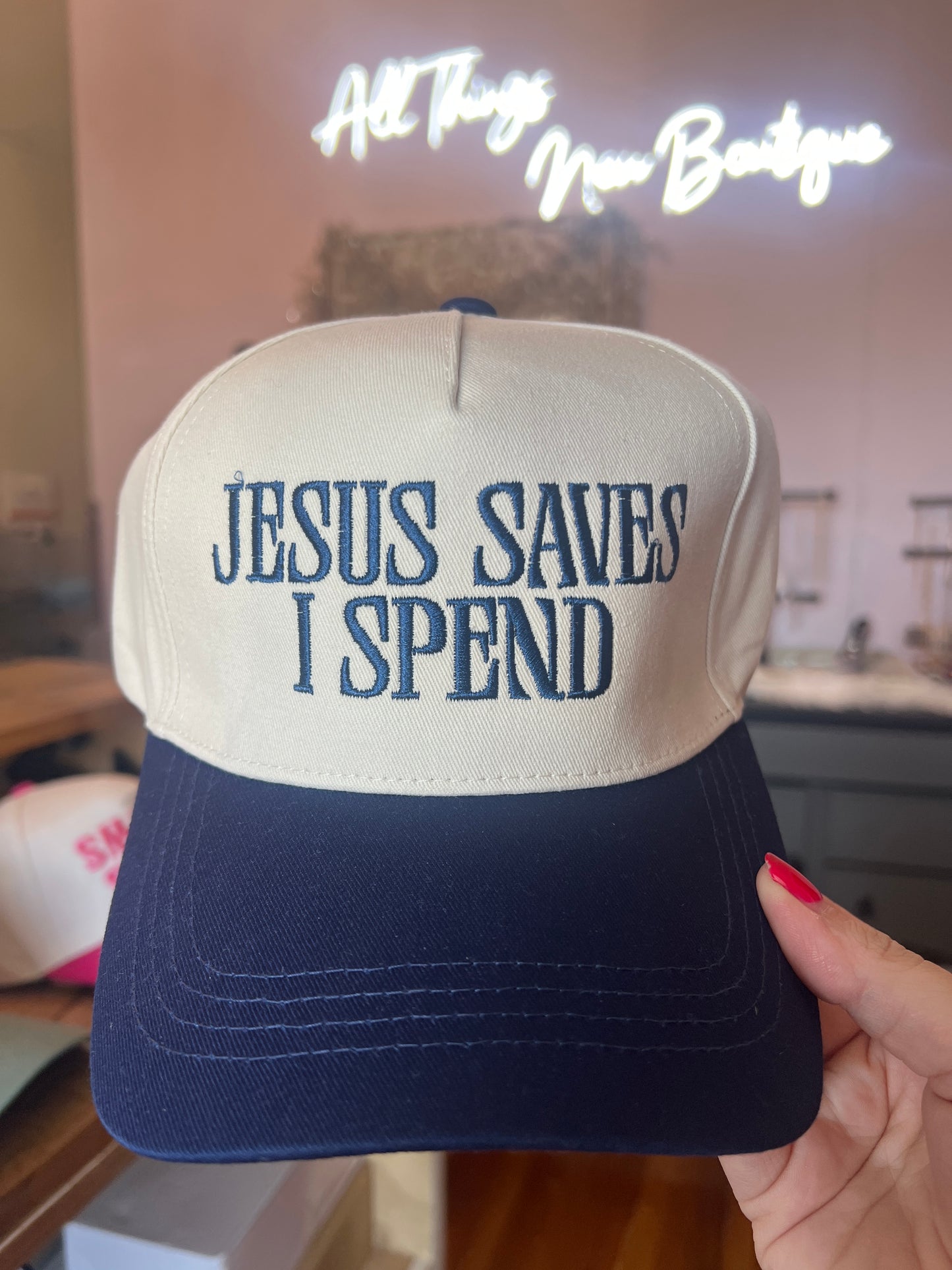 Trucker Hat — “Jesus saves I spend”