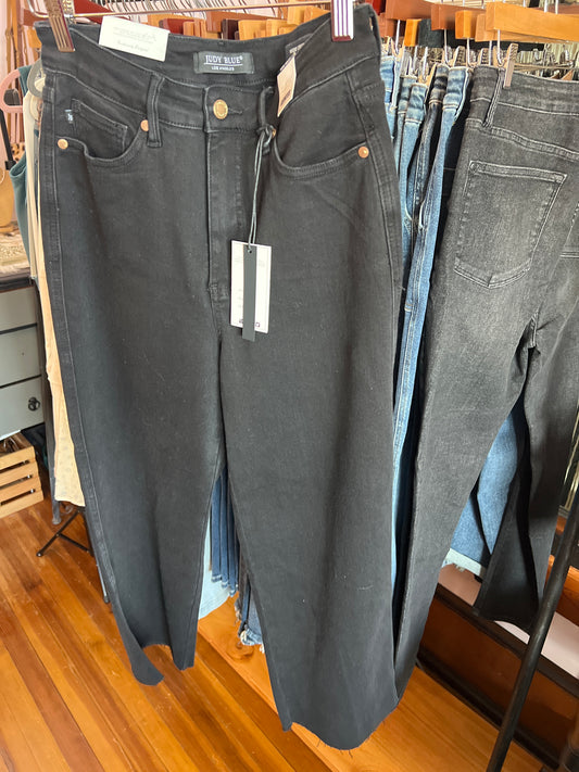 High Waist Tummy Control Wide Crop Black Jeans