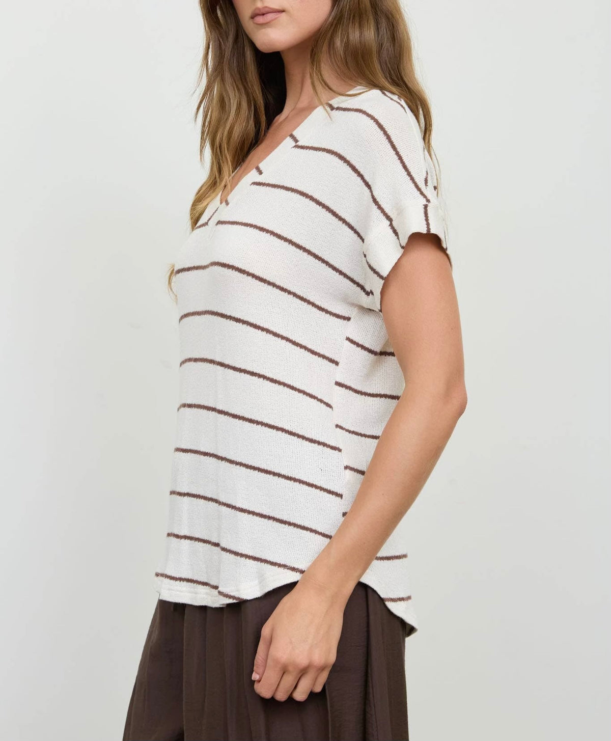 Stripe Vneck Cuffed Sleeve Knit Top