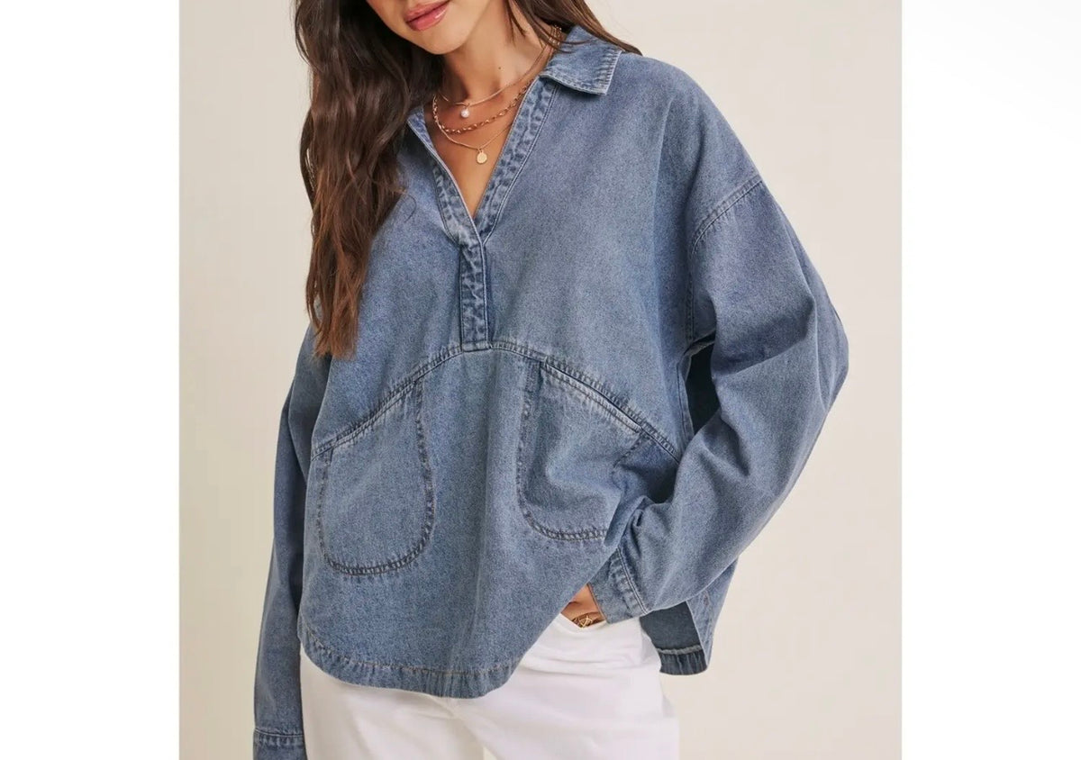 Mineral Washed Oversized Cotton Denim Pocket Top