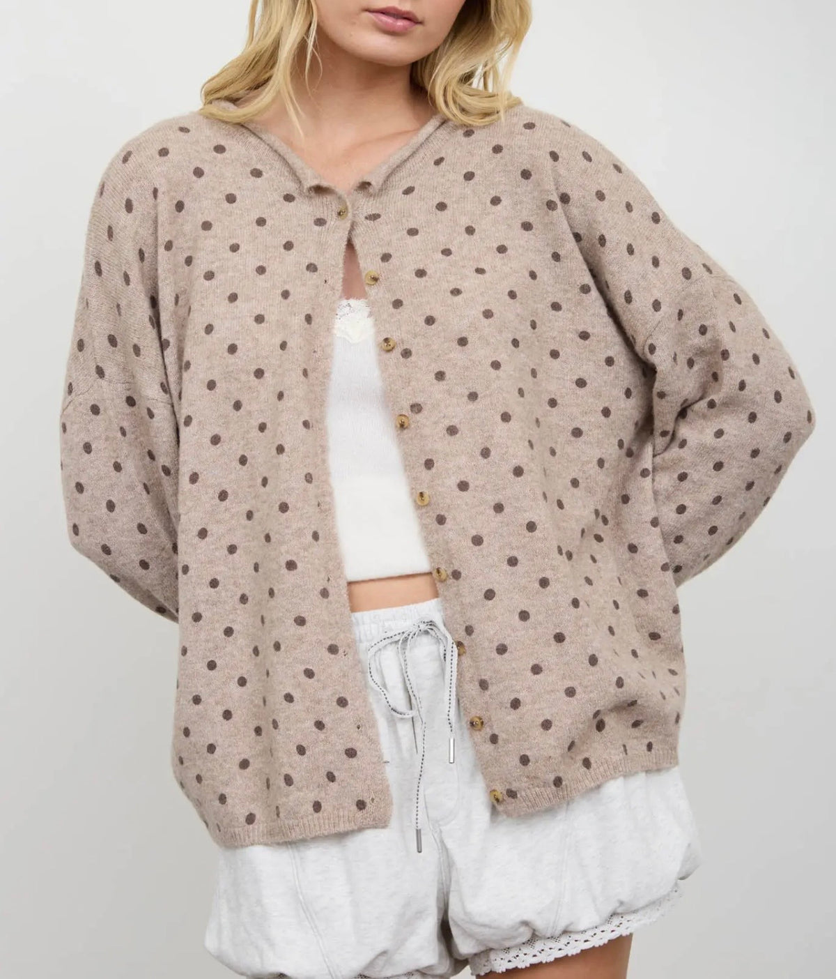 Polka Dot Button Down Raw Edge Knit Cardigan
