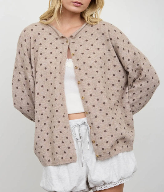 Polka Dot Button Down Raw Edge Knit Cardigan