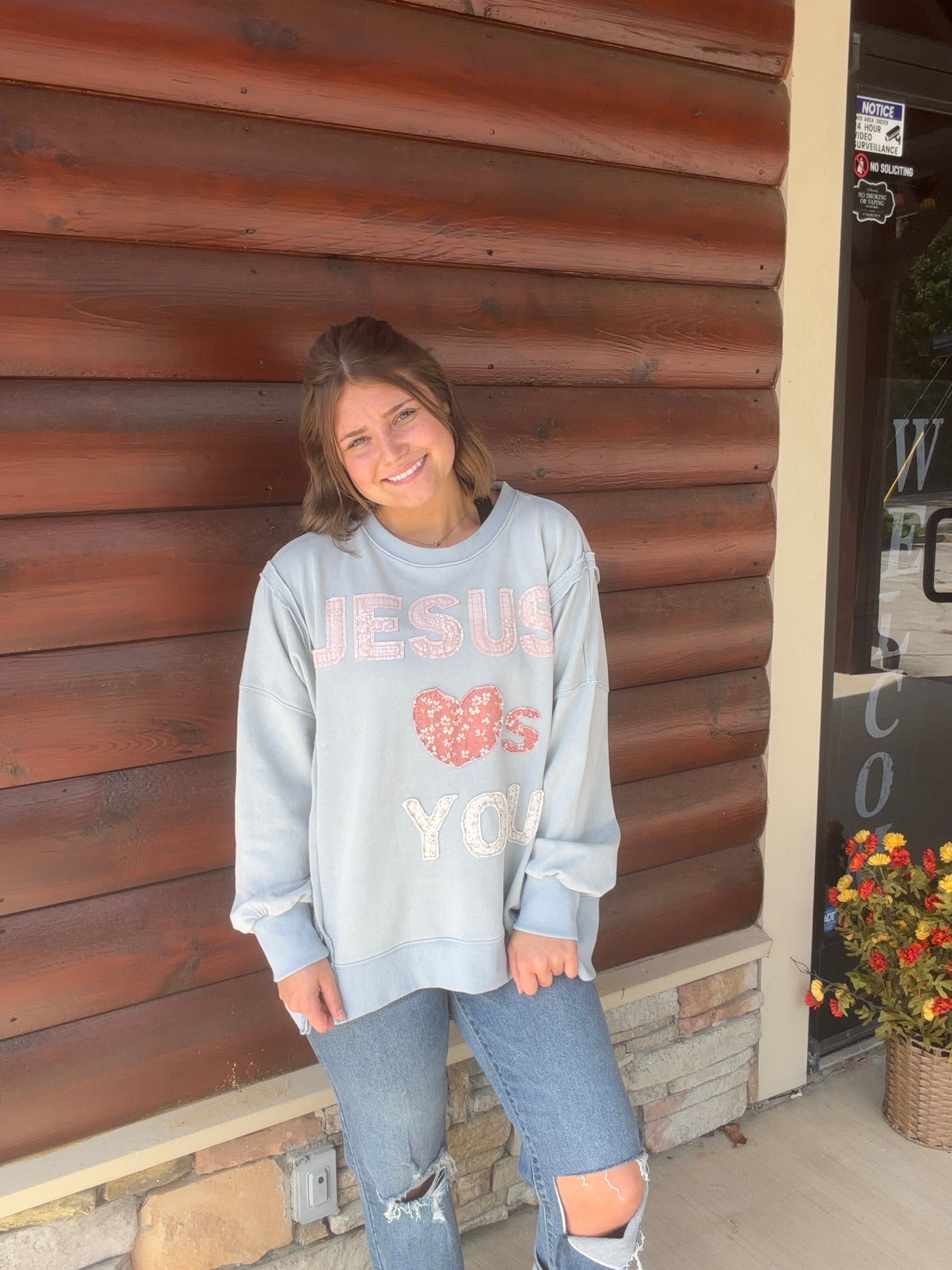 Jesus Loves You Patchwork Mineral Washed LS Sweatshirt