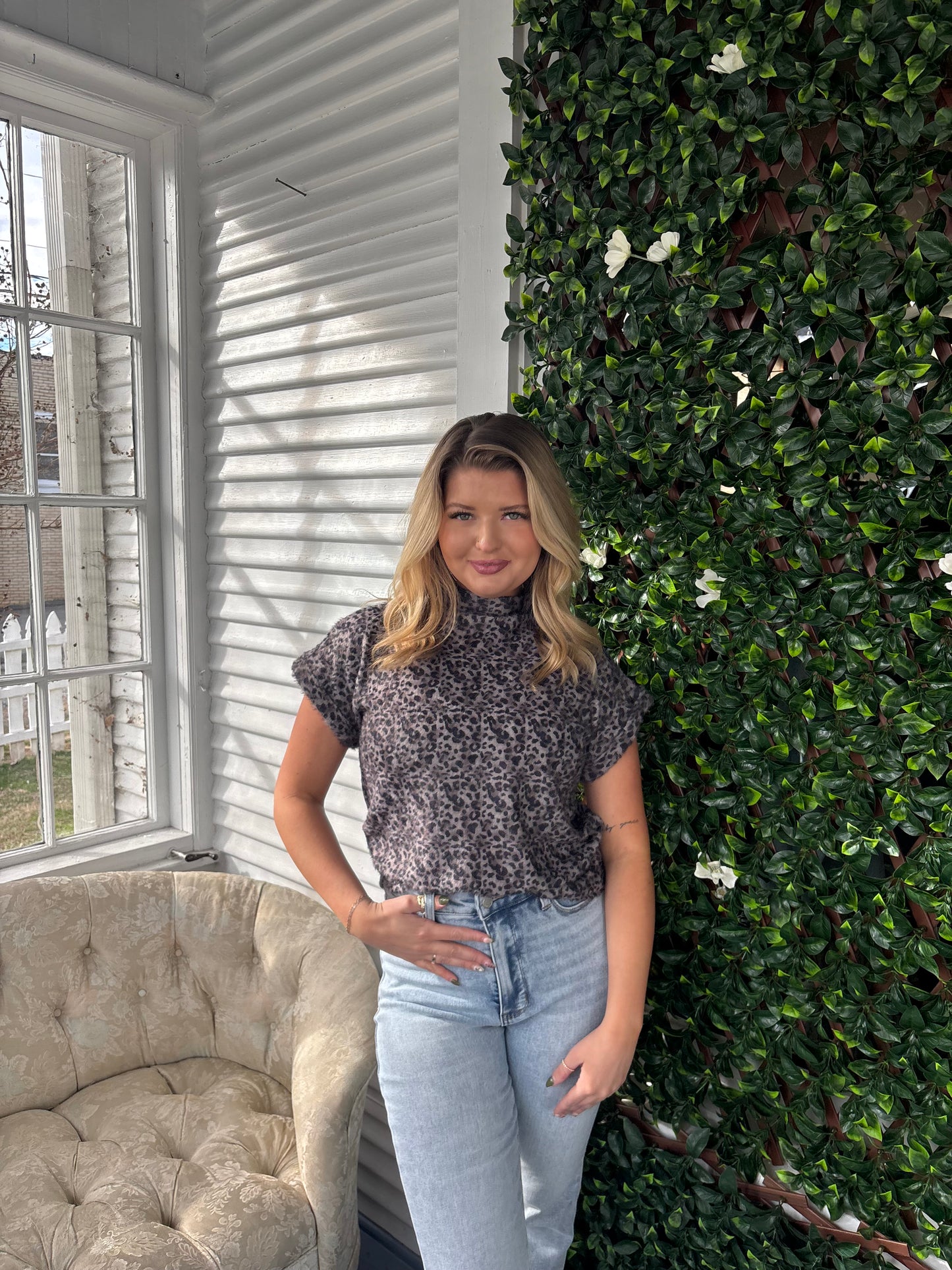 Mock Neck Grey Leopard Top