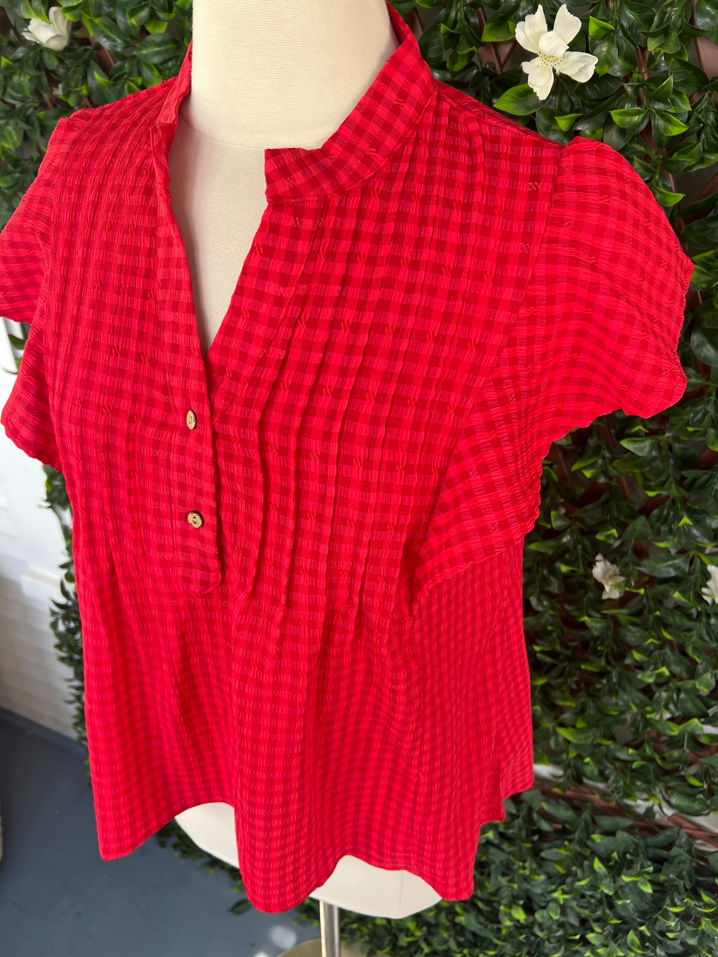 Red Textured Gingham Blouse