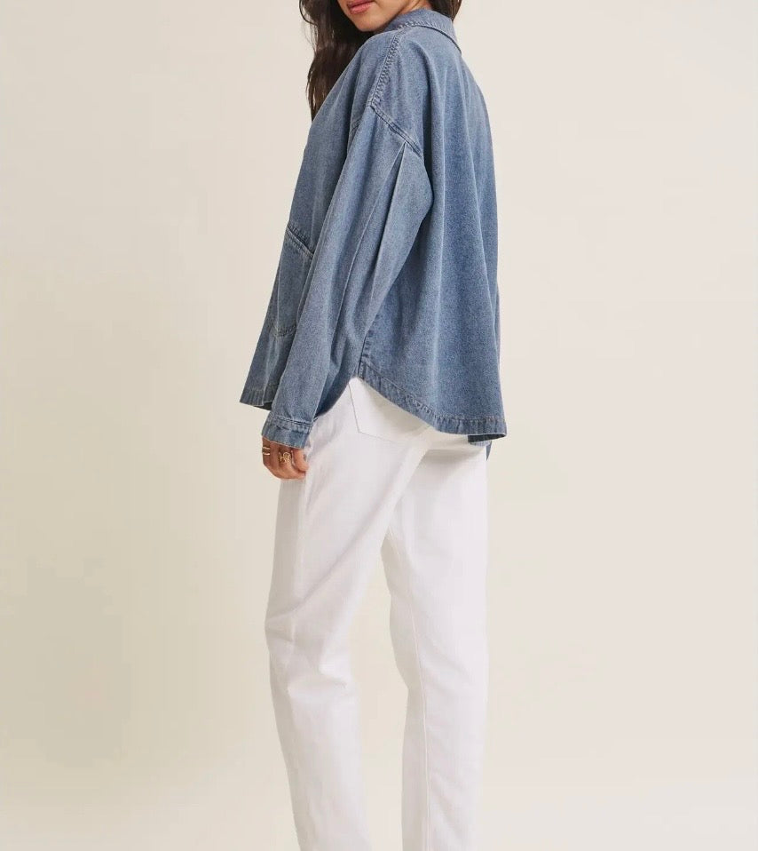 Mineral Washed Oversized Cotton Denim Pocket Top