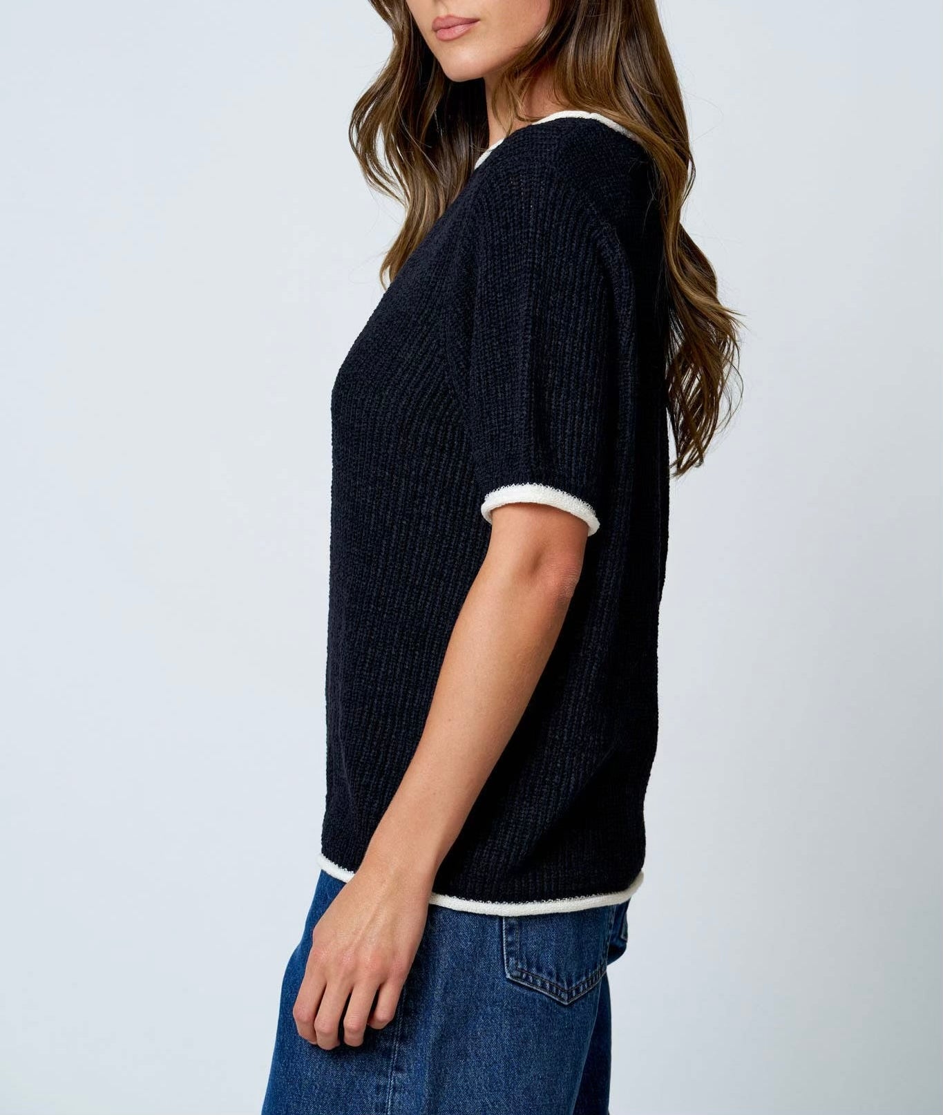 Contrast Trim Puff Sleeve Ribbed Knit Sweater