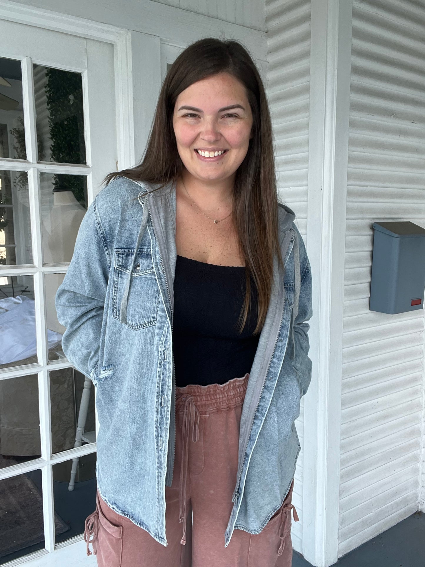 Oversized Hooded Zip Up Denim Shirt