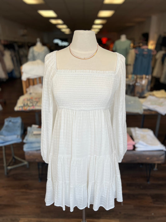 White LS Smocked Dress