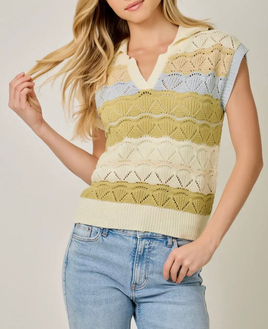Color-Striped Ponte Polo SS Sweater