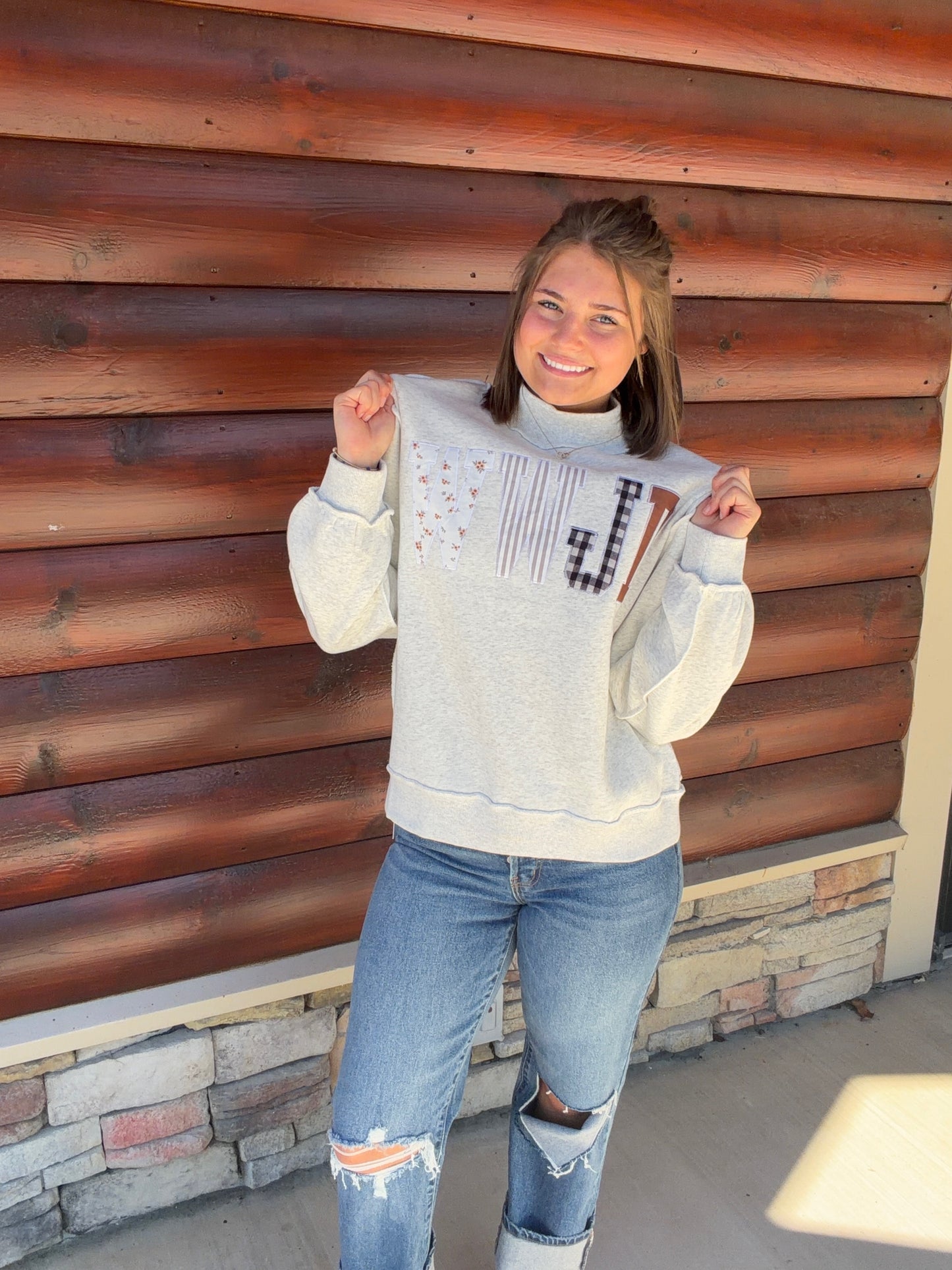 WWJD Patchwork Embroidered Mock Neck Sweatshirt