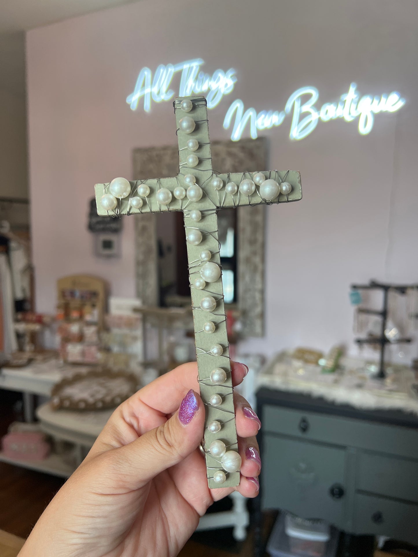 Gray Wood Cross with Pearls