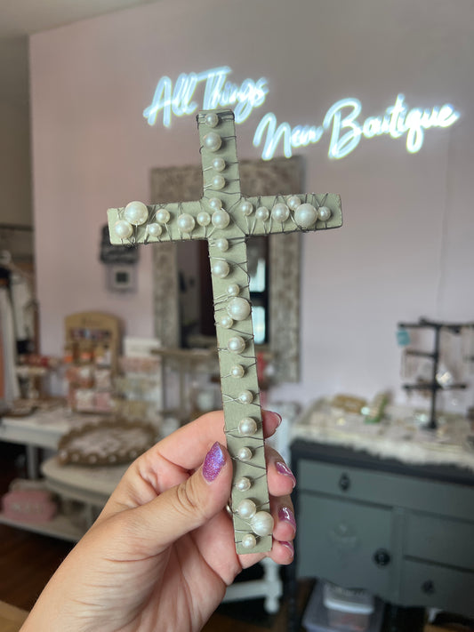 Gray Wood Cross with Pearls