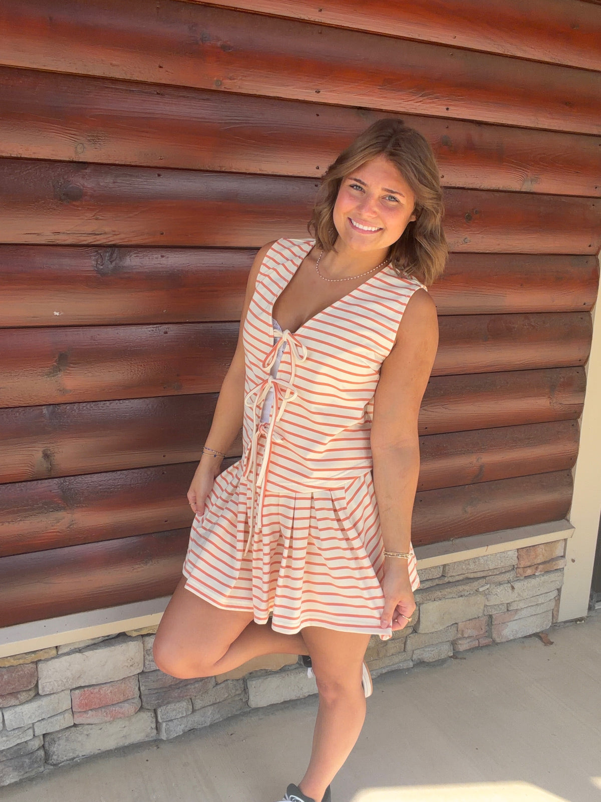 Striped Tie Front Vest + Pleated Skirt Set