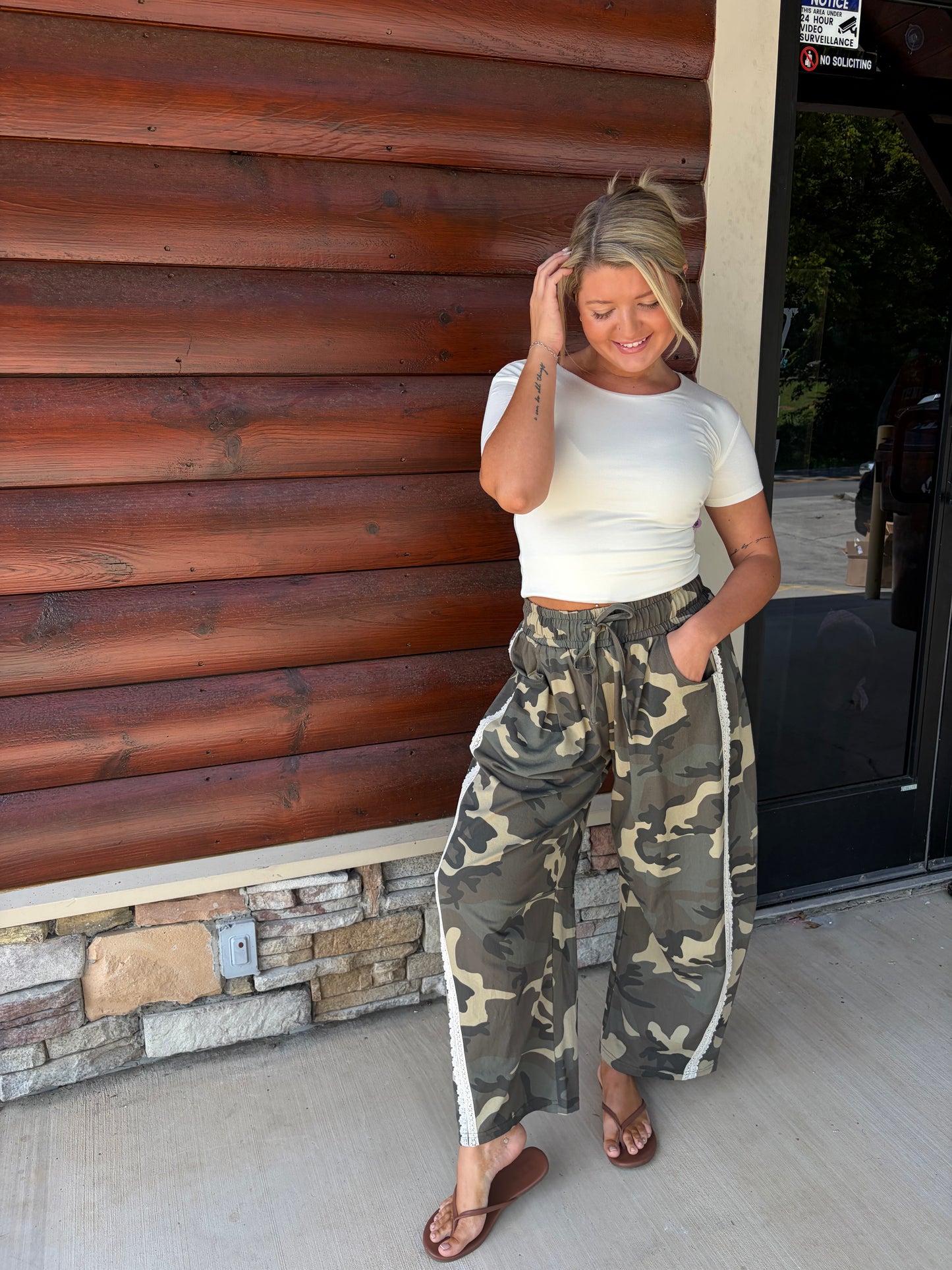 Camo Print Lace Trim Barrel Leg Pants