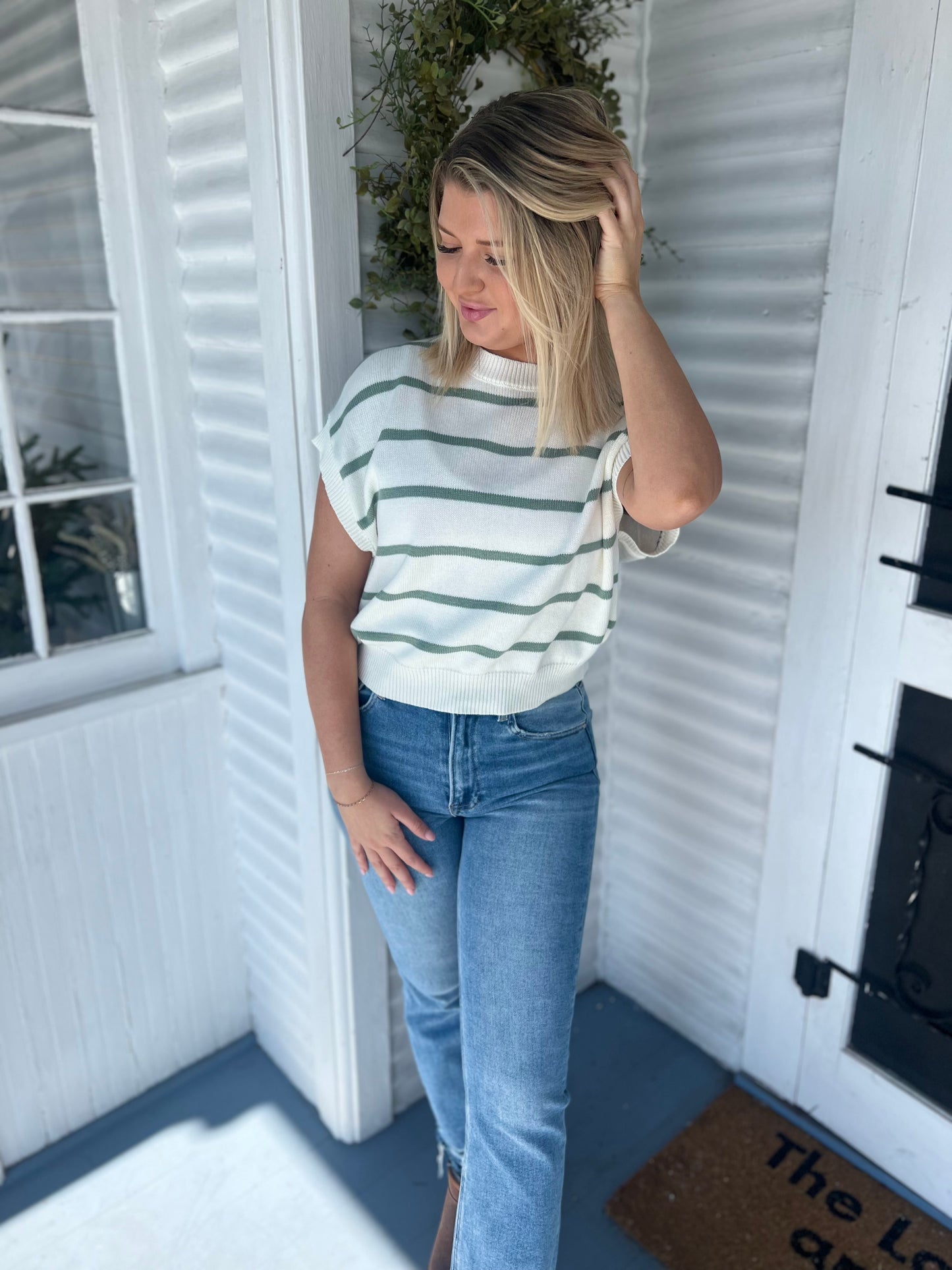 Cap Sleeve Striped SS Sweater Top