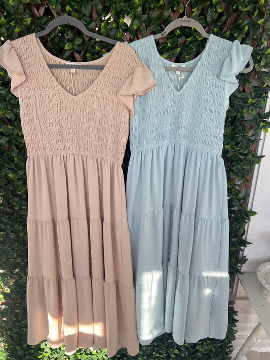 Smocked Vneck Midi Dress