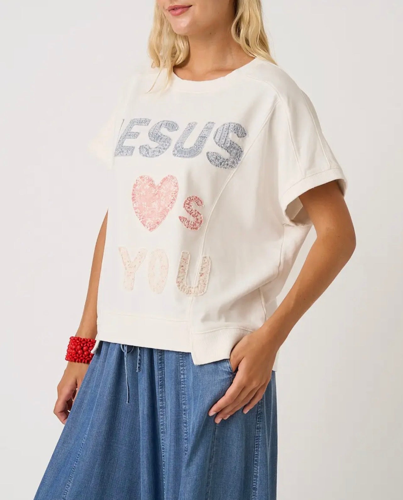 Jesus Loves You Patchwork French Terry SS Top