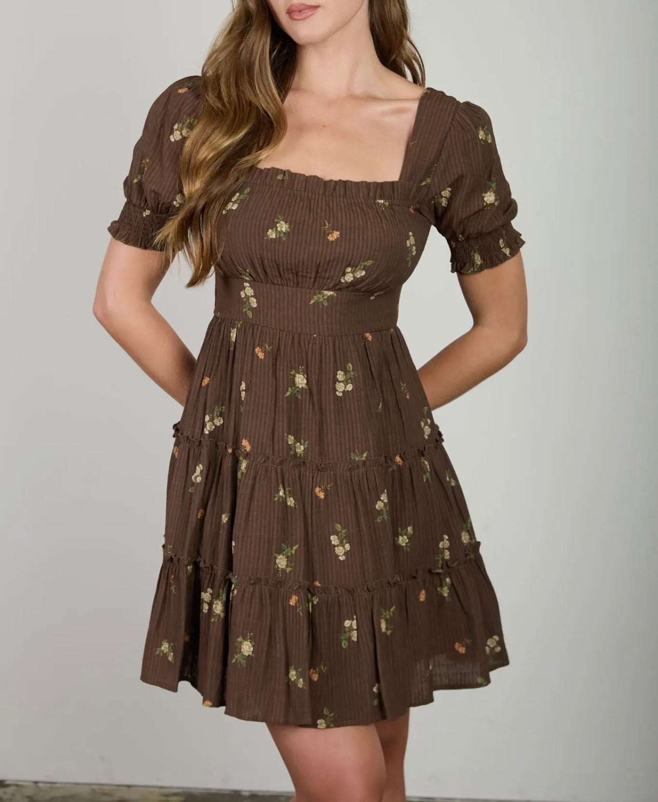 Brown Floral Tiered Mini Dress